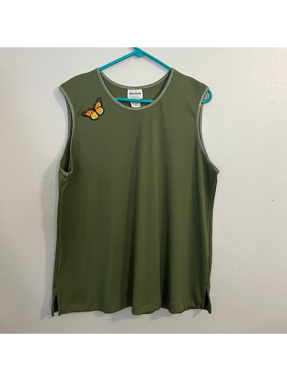BonWorth Butterfly Tank Top XXLP Olive Green Ribbed Embroidered Monarch Plus